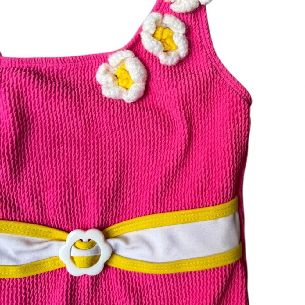 Betsey Johnson Girls Pink Textured Floral One Piece Swimsuit Size 4‎